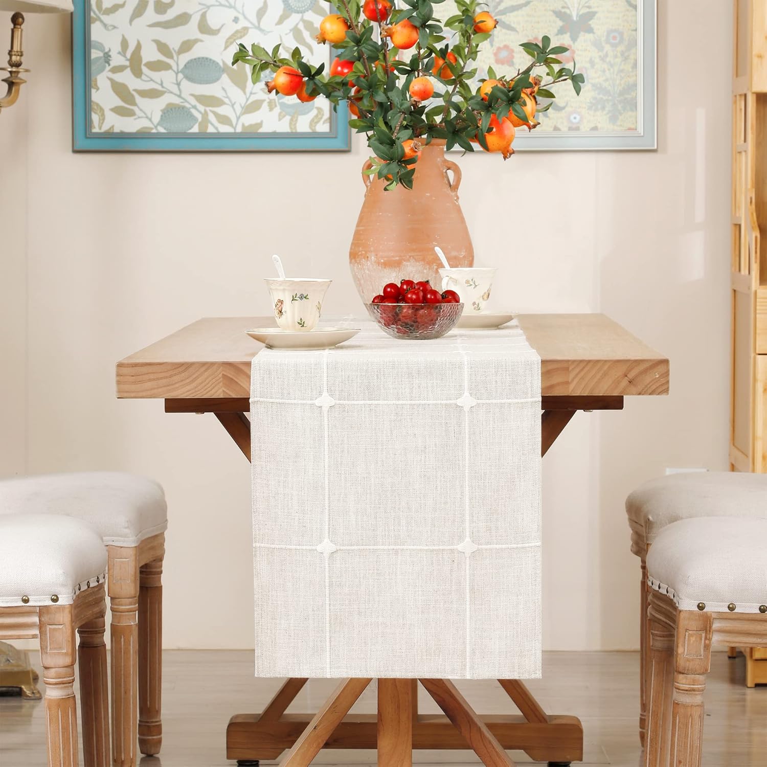 Embroidered Cloth Table Runner Rustic Plaid Farmhouse Table Runners Checkered Rectangle Runnerl for Dinning Dresser Coffee Party Holiday Table Decor Off White 13 x 48 inch - Image 3