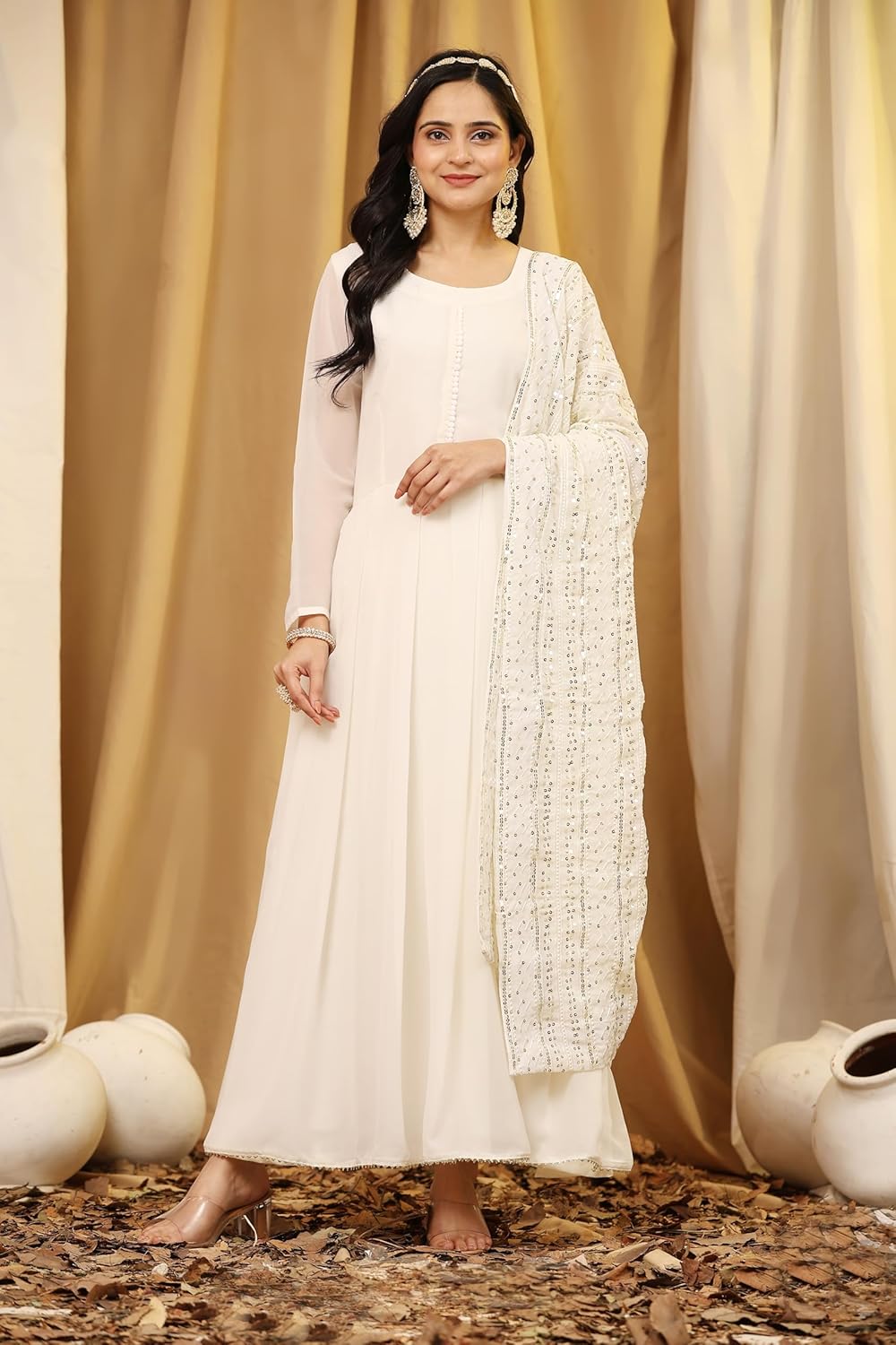 TRENDMALLS Women's Georgette Anarkali Kurta Pant with Embroidery Dupatta White - Image 3