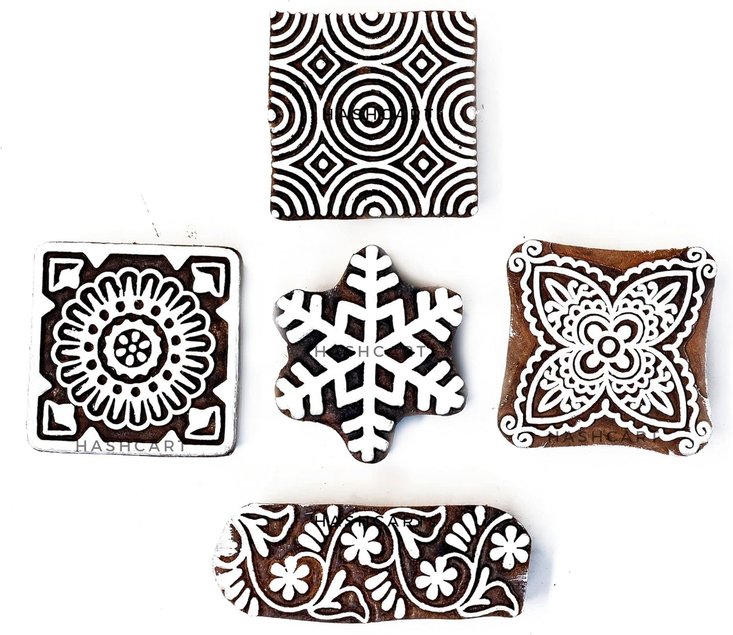 HASHCART® Crafty Square Floral Pattern Wood Stamps for Block Printing Set of 5, Wood Printing Blocks for Kids' Art Projects, Textiles, Fabric, Clay, Henna, Tattoo, Wood Stamps for Craft - Image 2