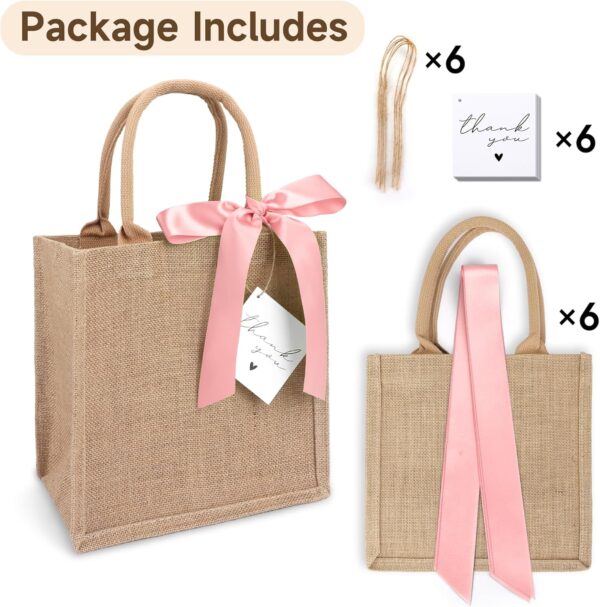 6 Pack Burlap Tote Bags with Handles Reusable Small Jute Gift Bags with Pink Silk Ribbons Waterproof Lining for Wedding Bridesmaid Mother's Day Bachelorette Beach Party - Image 2