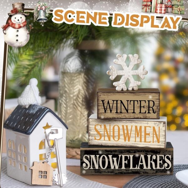 4 Pcs Winter Wooden Tabletop Decor Snowflake Tiered Tray Decor Christmas Centerpiece Rustic Winter Snow Block Signs Gift Farmhouse Winter Table Shelf Decoration for Home Office Party (Snow) - Image 3