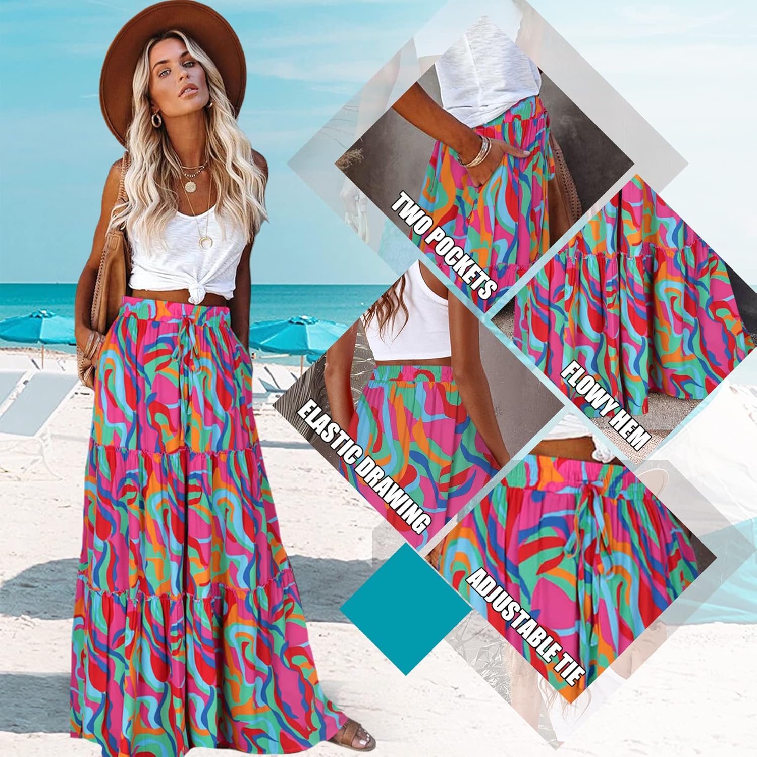 EARKOHA Womens Casual High Waist Tie Paisley Print Long Maxi Skirt with Pockets - Image 3