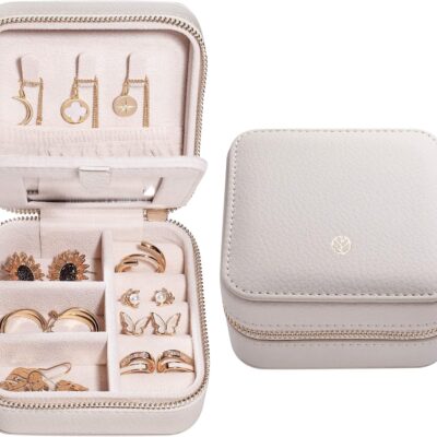 S.Leaf Travel Jewelry Organizer Travel Jewelry Boxes for Women Small Jewelry Travel Case Box Portable Travel Jewelry Case Travel Case Mini Jewelry (03_Lychee_Beige)