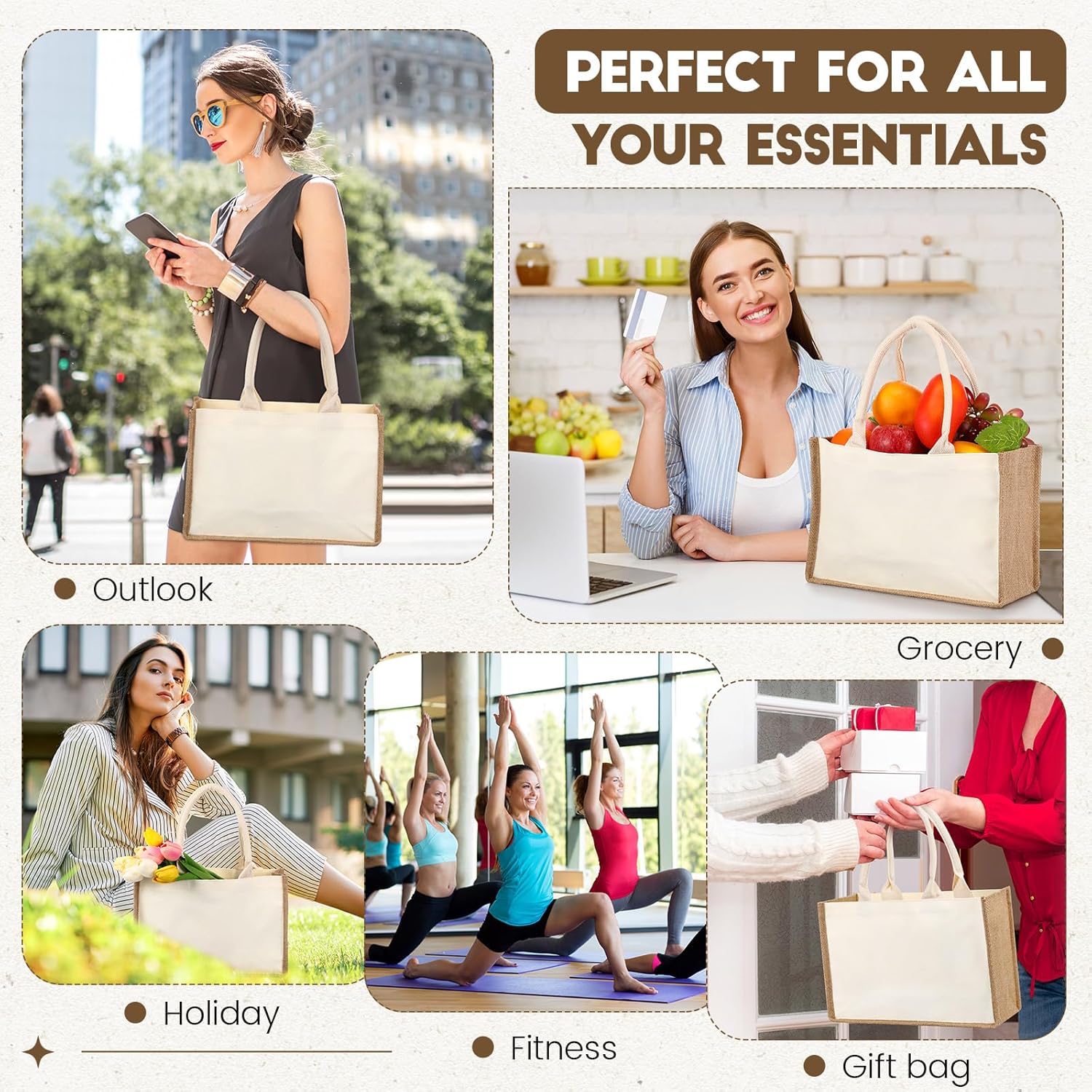 Sweetude 4 Set Jute Burlap Tote Bag with Makeup Bags Include 4 Pcs 12.6 x 8.5 Inch Jute Tote Gift Bags with Handles 4 Pcs Canvas Zipper Pouch Reusable DIY Craft Blank Bags for Wedding Bridesmaid - Image 5