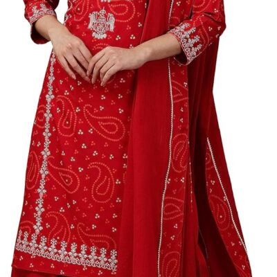 TRENDMALLS Women's Cotton Embroidery Salwar Suit Set Kurta Sharara with Dupatta Red Kurta Set for Women