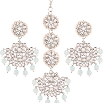 I Jewels Rhodium Plated Indian Wedding Bollywood Kundan & Faux Pearl Chandbali Earrings with Maang Tikka Set (TE2911Z)