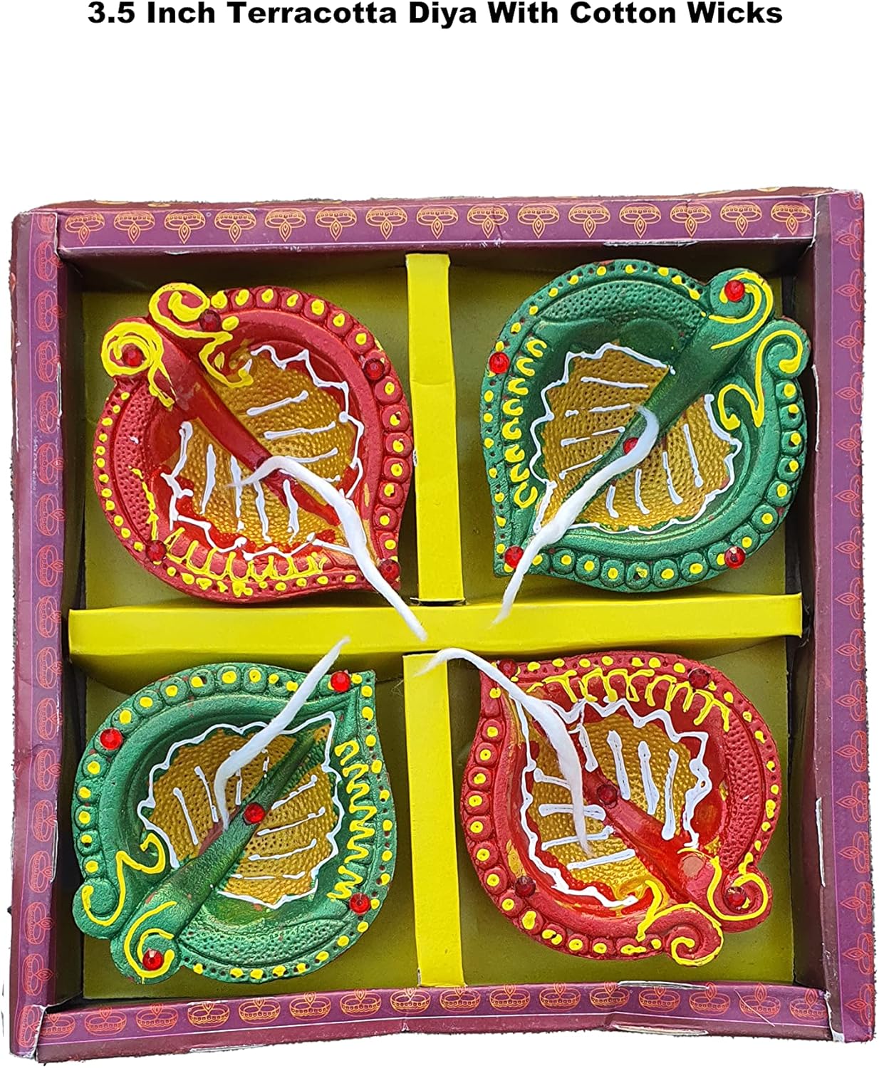 Diwali Diya - Clay Diya - 4 Pcs Clay Diyas Large Size for Pooja - Diwali Diya Hand Made & Hand Painted Diwali Diyas Gift Box Packed in Bubble Wrap( Cotton Wicks Included ) - Image 4