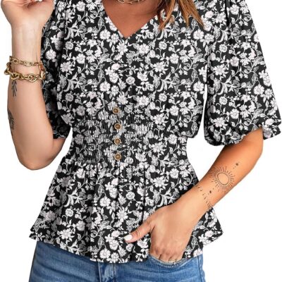 Dokotoo Womens Floral Print Ruffle Half Sleeve Blouses V Neck Decorative Buttons Elastic Waist Casual Summer Tops