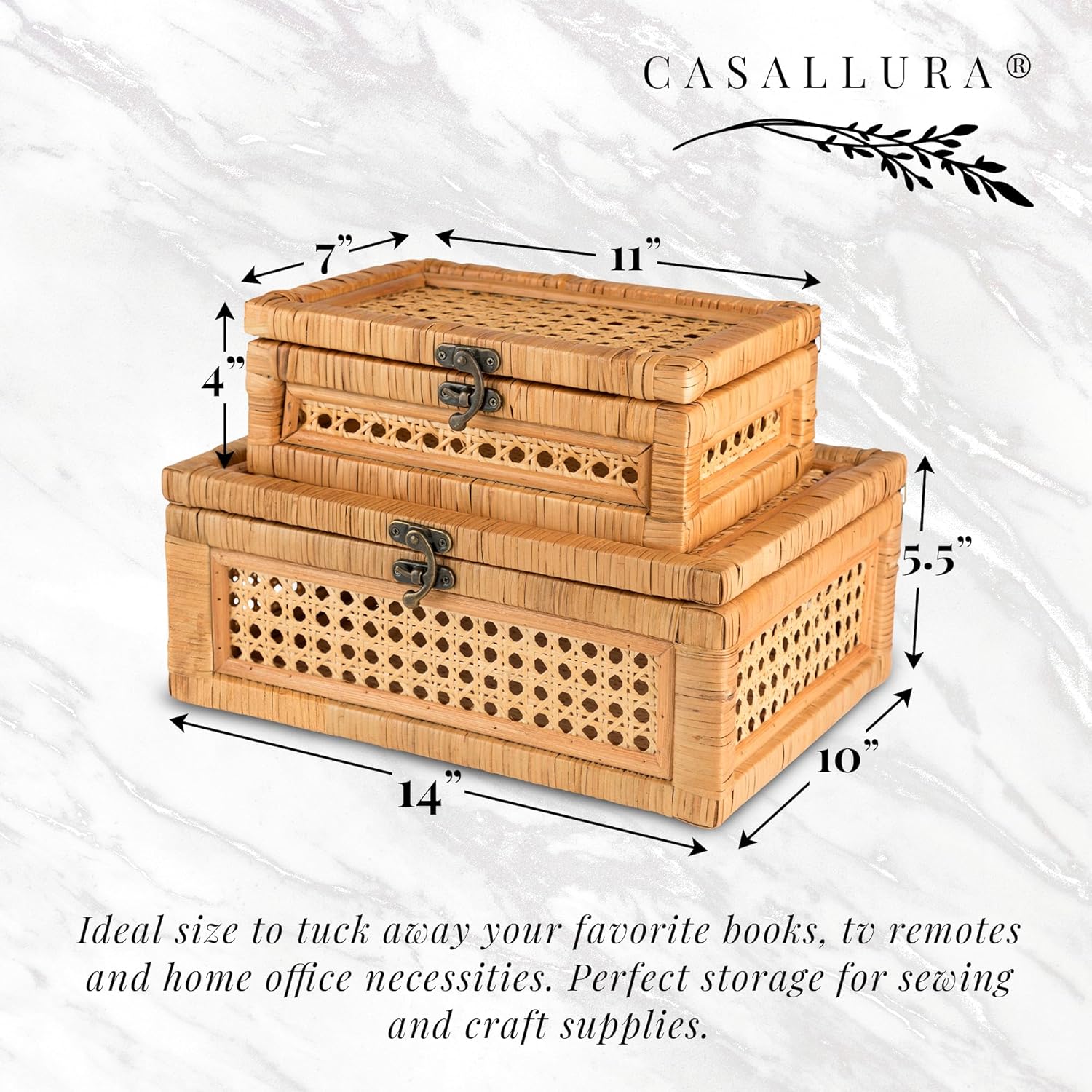 Handcrafted Rattan and Cane Rectangular Display Boxes - Stackable Set of 2 with Woven Lids and Metal Clasps - Creative Home Storage and Decor for Shelves - Image 2