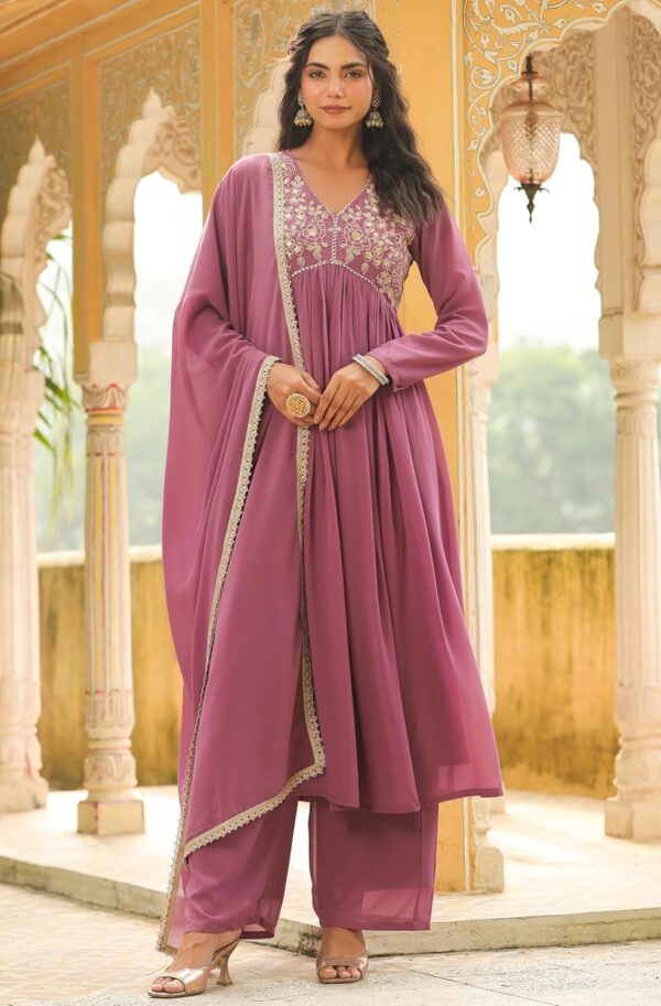 Janasya Indian Women's Georgette Yoke Embroidered A-Line Kurta Set - Image 4
