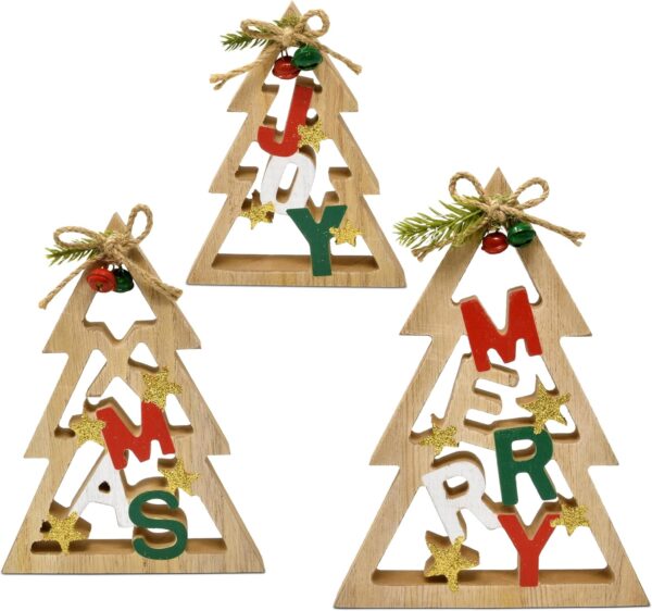 3 Christmas Trees Wooden Table Decorations Centerpiece Block Holiday Cut Out Tree Tiered Tray Wood Tabletop Sign Decor 3 Sizes for Office Dining Room Mantle Home Xmas Wood Party Supplies