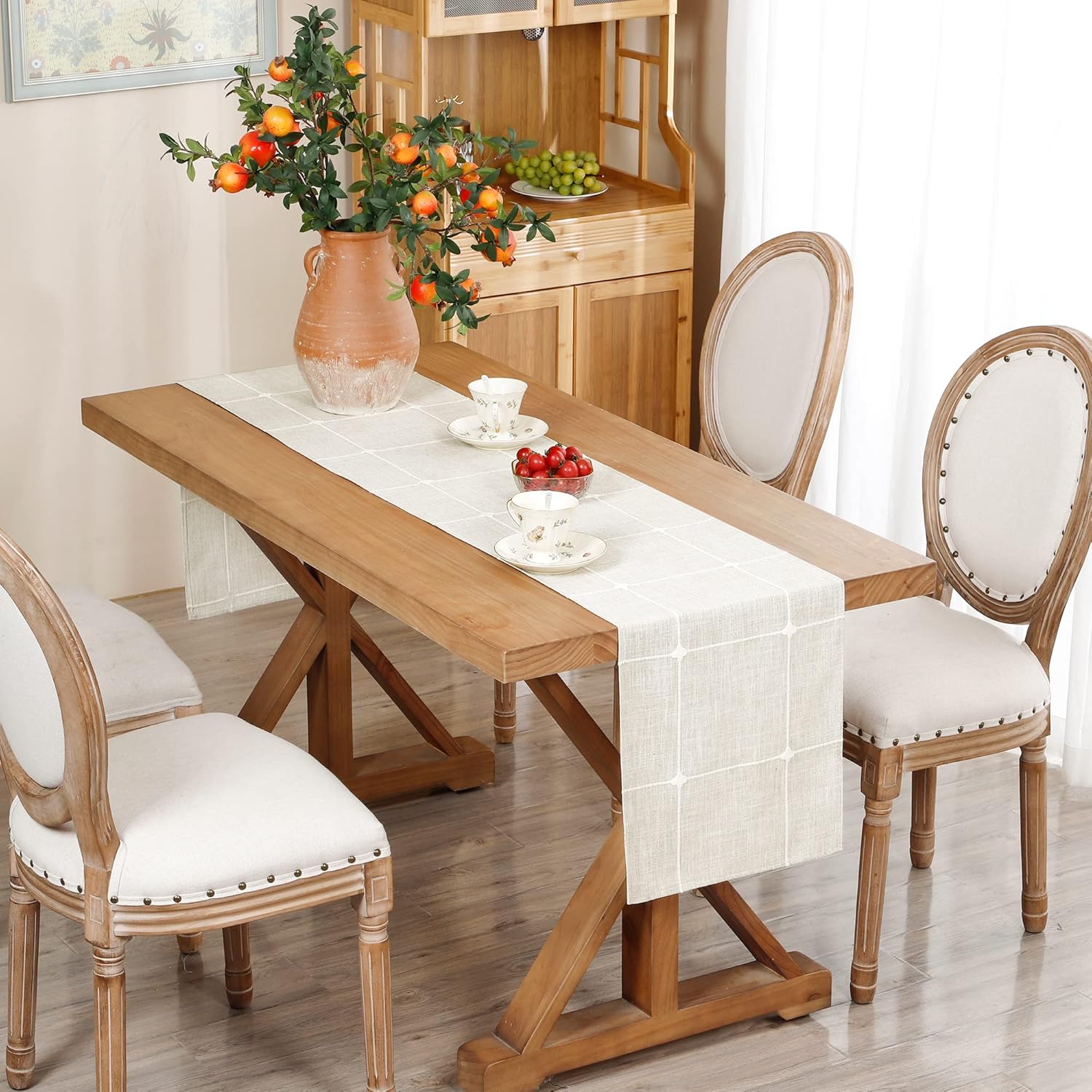 Embroidered Cloth Table Runner Rustic Plaid Farmhouse Table Runners Checkered Rectangle Runnerl for Dinning Dresser Coffee Party Holiday Table Decor Off White 13 x 48 inch - Image 8