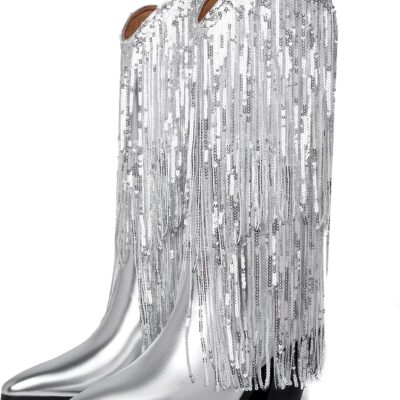 DOREENDORIS Fringe Boots for Women Metallic Cowboy Boots Pointed Toe Chunky Heel Mid Calf Sparkly Cowgirl Boots