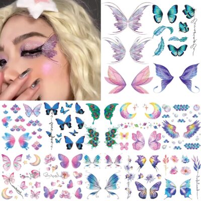 Glitter Butterfly Makeup Temporary Tattoos for Women Girls, 13Sheets Colorful Butterflies Wings Fake Tattoo Stickers Waterproof for Face Eye Makeup Birthday Party Favors Gifts