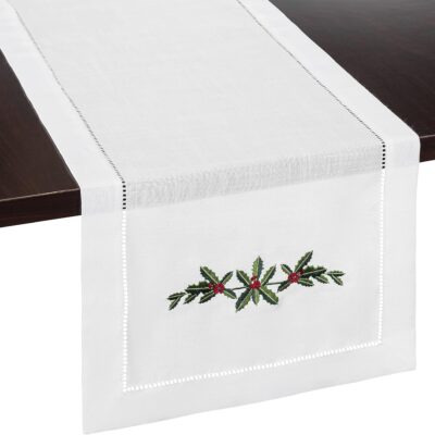Holly Garland Embroidered White Christmas Table Runner - Ideal for Christmas Decor, White Christmas Decorations, Winterberry Holiday Decor and Winter Farmhouse Decor (14 x 108 Inches Long)
