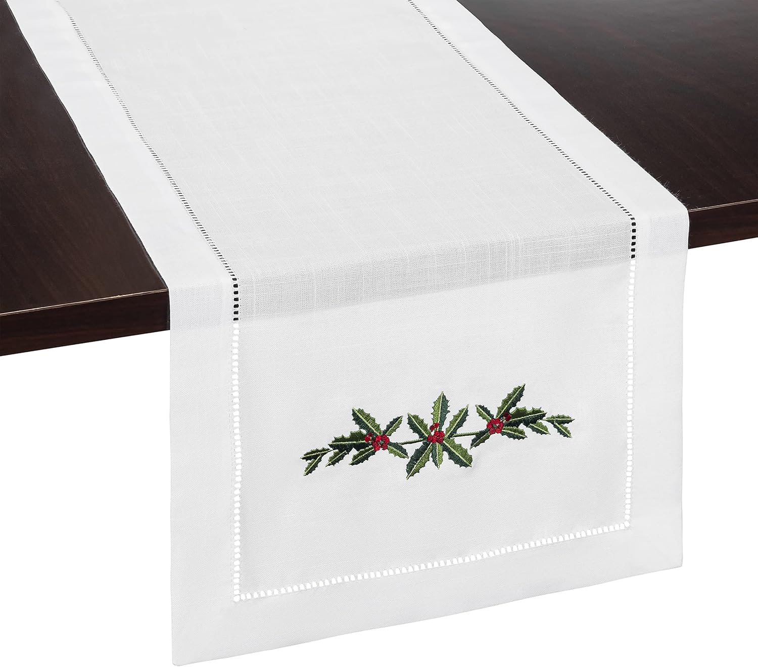 Holly Garland Embroidered White Christmas Table Runner - Ideal for Christmas Decor, White Christmas Decorations, Winterberry Holiday Decor and Winter Farmhouse Decor (14 x 108 Inches Long)