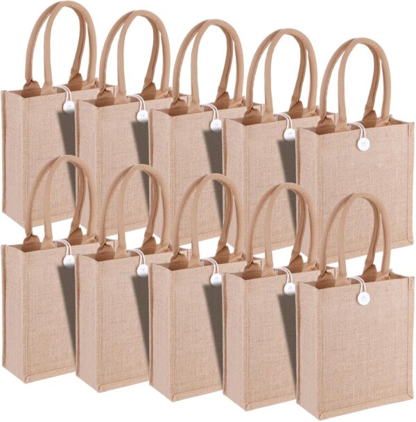 10 Pack Burlap Tote Bags Reusable Jute Bags with Handles Blank Burlap Tote Large Jute tote 11X9.4X4Inch Burlap Gift Bags for Grocery Shopping Wedding Travel Bachelorette Party Embroidery DIY Art