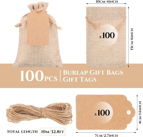 Woanger 100 Pcs Burlap Gift Bags with 100 Pcs Kraft Paper Gift Tags with Drawstring Favor Bags Bulk Small Burlap Sack Bags Pouches for DIY Thanksgiving Fall Party Craft(Light Brown,4 x 6 Inch) - Image 2