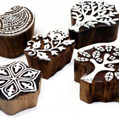 Paisley & Tree Shapes Wooden Printing Stamps - Wooden Stamps for Block Printing on Saree Border, Textile, Clay, Pottery, Tattoo Set of 5 Hashcart®