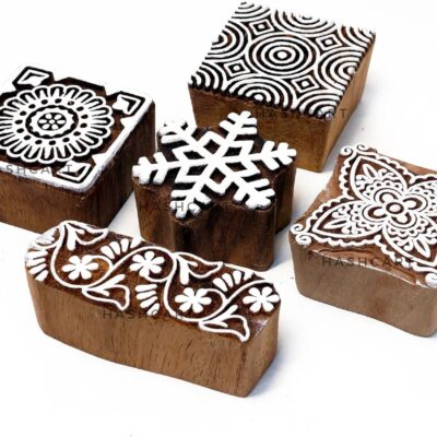 HASHCART® Crafty Square Floral Pattern Wood Stamps for Block Printing Set of 5, Wood Printing Blocks for Kids' Art Projects, Textiles, Fabric, Clay, Henna, Tattoo, Wood Stamps for Craft