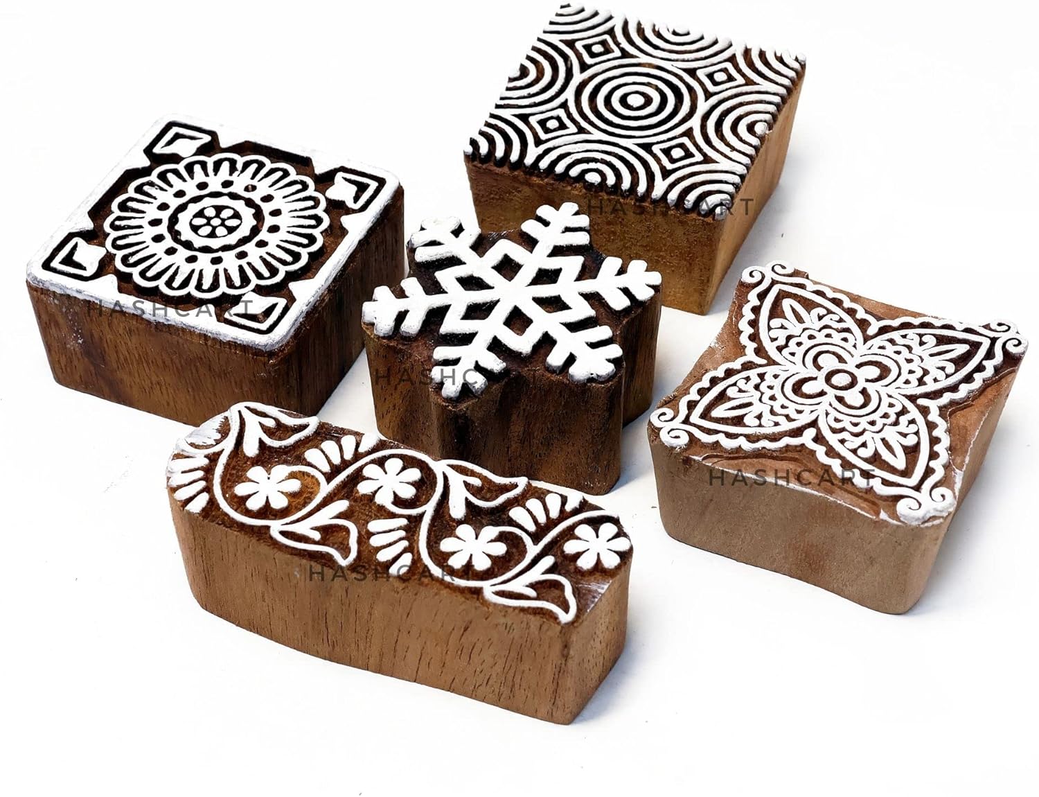 HASHCART® Crafty Square Floral Pattern Wood Stamps for Block Printing Set of 5, Wood Printing Blocks for Kids' Art Projects, Textiles, Fabric, Clay, Henna, Tattoo, Wood Stamps for Craft