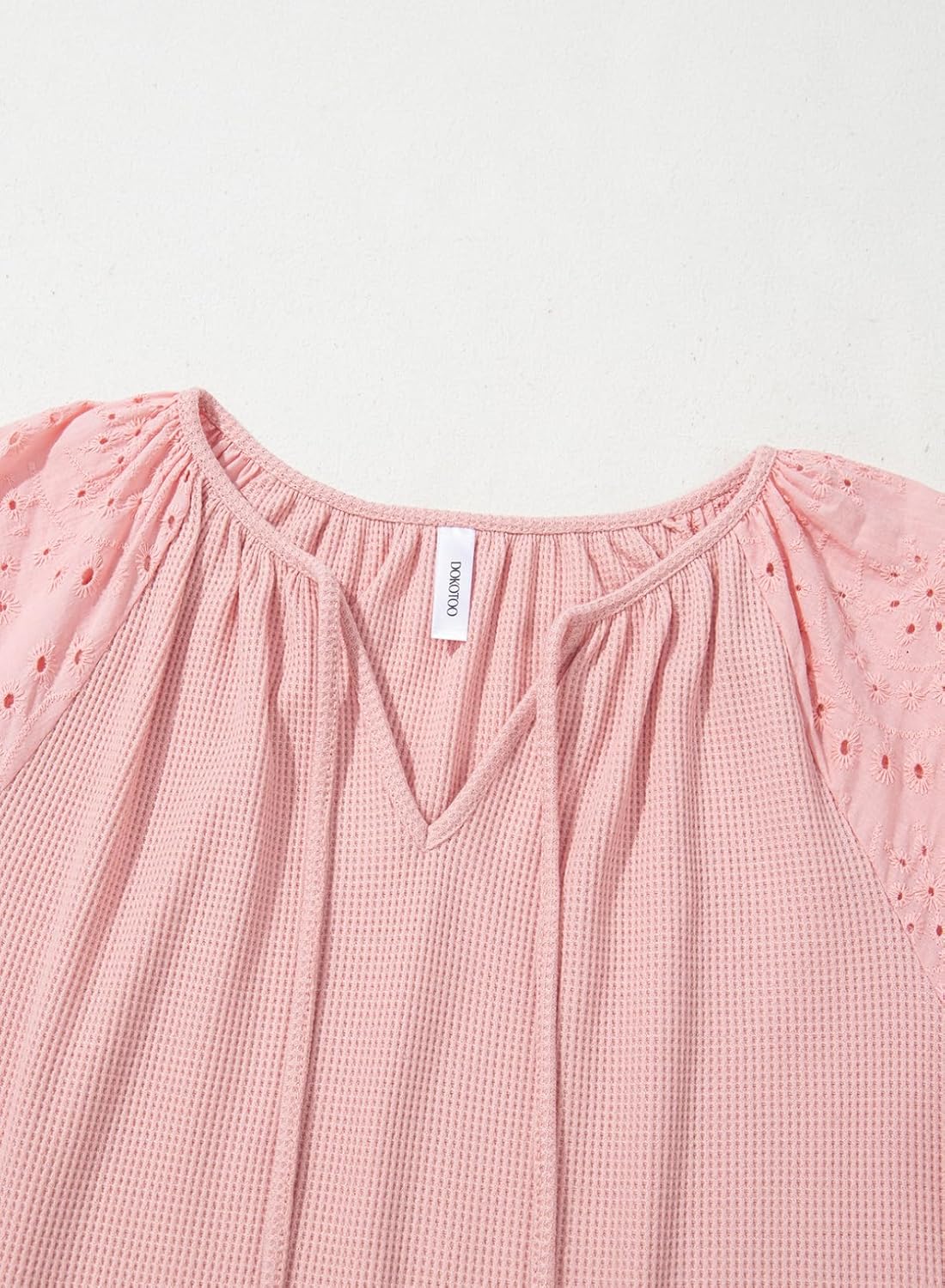 Dokotoo Womens Tops V Neck Dressy Casual Embroidered Blouses Waffle Knit 3/4 Sleeve Shirts - Image 3