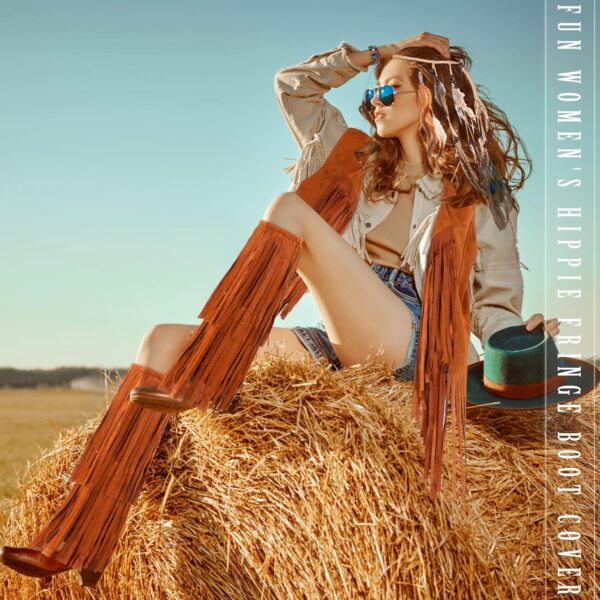 XunYee 9 Pc Women Fringe Vest 60s 70s Hippie Vest Costume Set Accessories Boot Covers Hairband Earrings Necklace Bracelet - Image 6