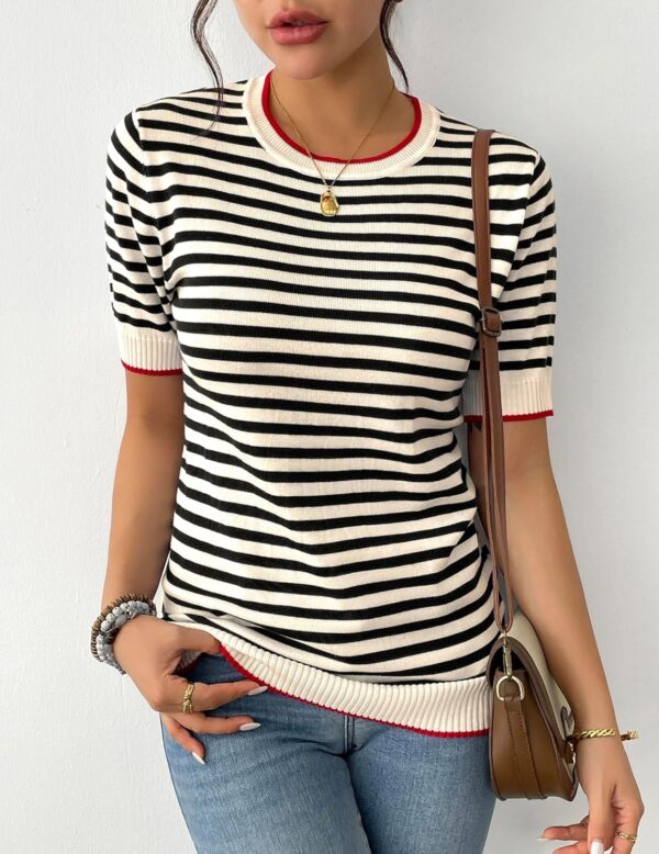 Zeagoo Womens Summer Tops Casual Short Sleeve Striped Sweater Shirt Crewneck Color Block Knit Blouses - Image 2