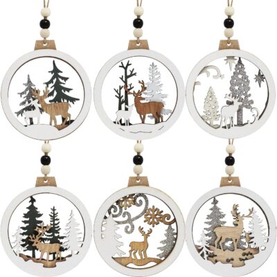 JOIEDOMI 6 Pcs Christmas Wooden Ornaments, Christmas Farmhouse Rustic Reindeer Ornaments for Winter Holiday Indoor Decor, Hanging Wood Ornaments for Xmas Tree Decorations