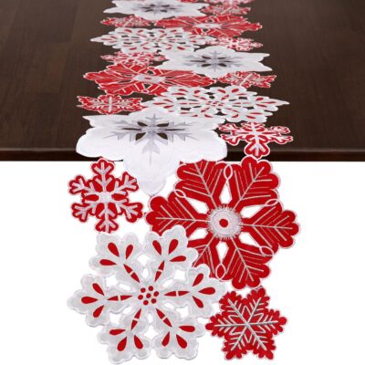Grelucgo Embroidered Red, Silver and White Snowflake Table Runner, Christmas Party Decor, Winter Holiday Decorations (14x107 inches)