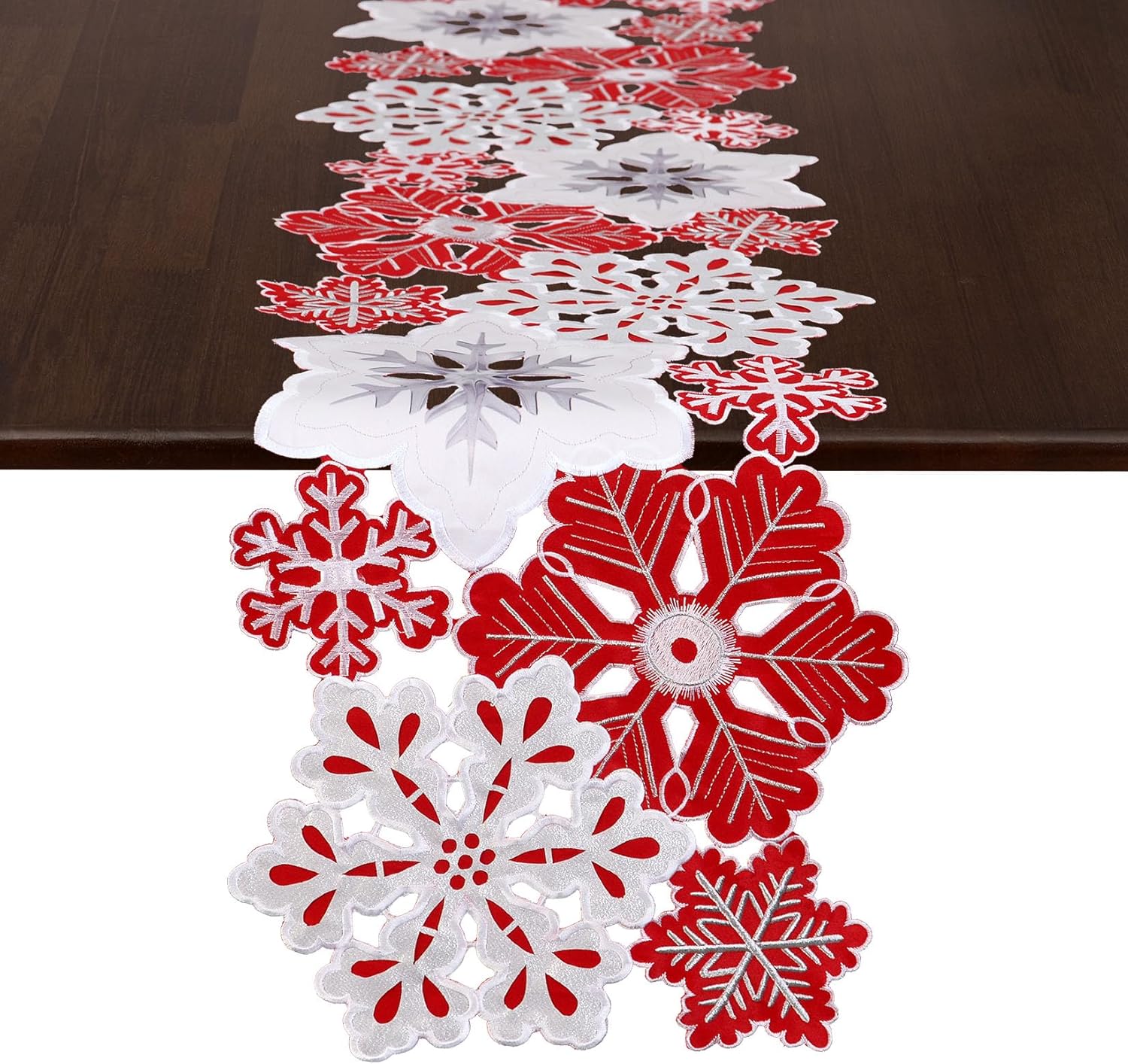 Grelucgo Embroidered Red, Silver and White Snowflake Table Runner, Christmas Party Decor, Winter Holiday Decorations (14x107 inches)
