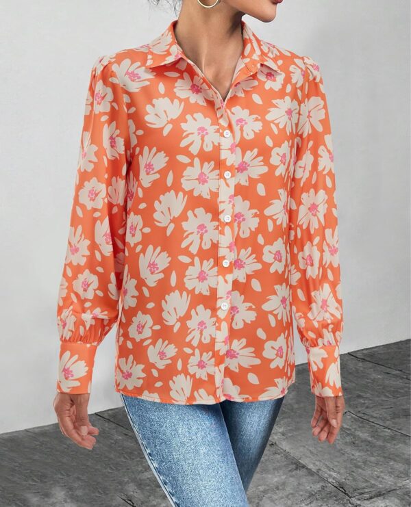 Womens Button Down Shirts Lantern Long Sleeve Dressy Casual Floral Printed Tops Chiffon Boho Trendy Blouses - Image 2