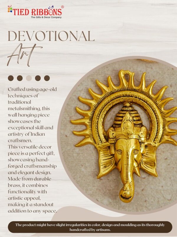 TIED RIBBONS Ganesh Wall Hanging for Home 9 Inch | Brass Ganesh Face with Sun Statue | Indian God Idol | Traditional Wall Décor Antique Ganpati Statue for Home, Entrance, Indian Decorations for Home - Image 6