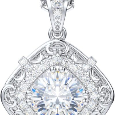 THELANDA Genuine Moissanite Sterling Silver Vintage Classic Filigree 2 Carat Pendant Necklace, Adjustable 18-20 Inch Chain with Lobster Clasp, Elegant Jewelry Gift for Women