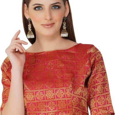Women's Elbow Sleeve Jacquard Boat Neck Readymade Saree Blouse
