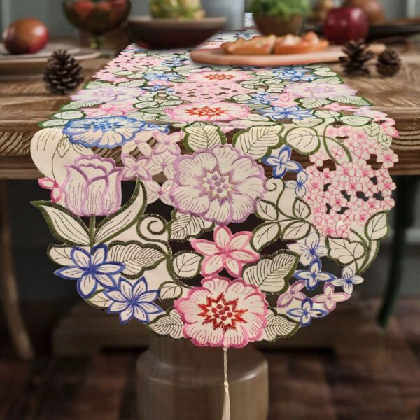 AMZALI Rectangular Table Runner, Embroidered Table Runner Cutwork Floral Design Scarf Spring Summer Fabric Dresser Runner for Home Kitchen Dining Tabletop Decoration 14"x 70"