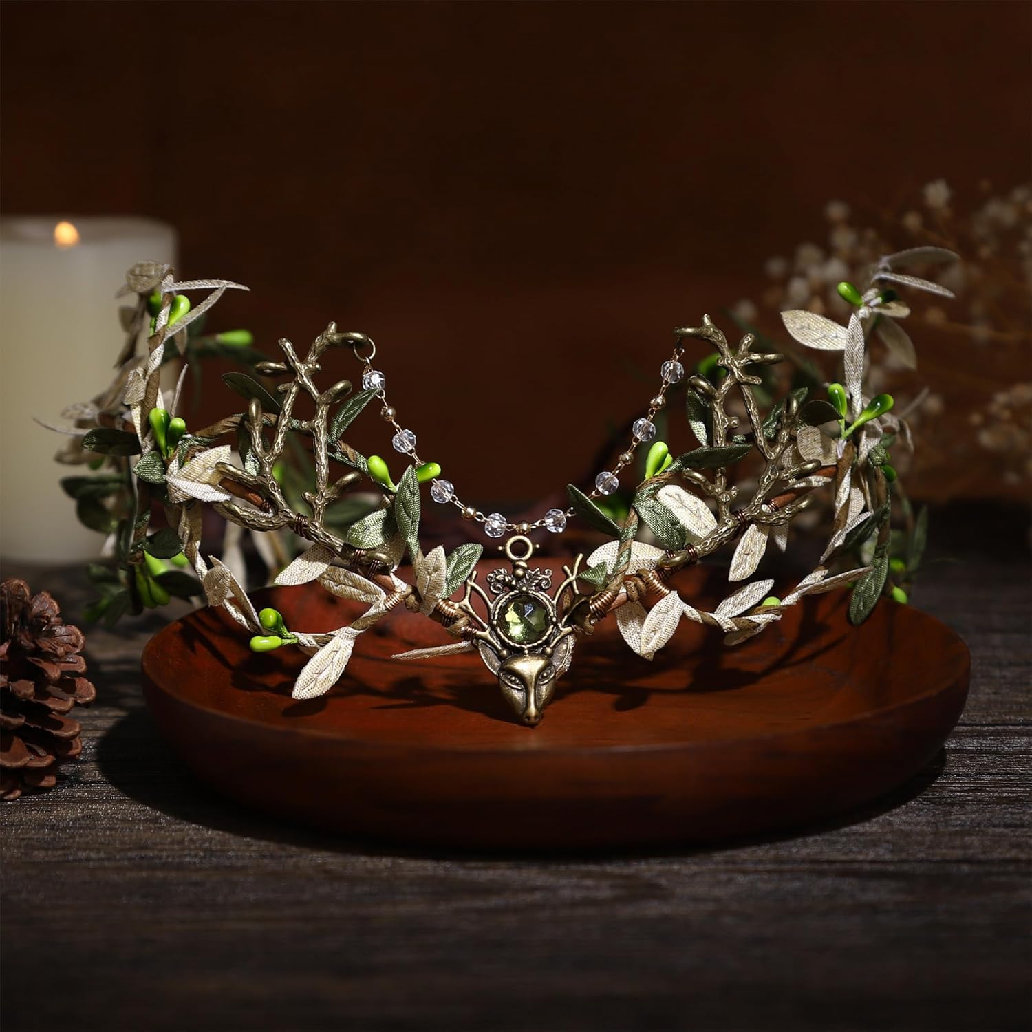 MOSTORY Handmade Forest Leaf Crown - ELf Woodland Hadpiece Fairy Green Branch Tiara Elven Vine Circlet with Rhinestone Tassel for Renaissance Party Cosplay Halloween Photo Prop - Image 5