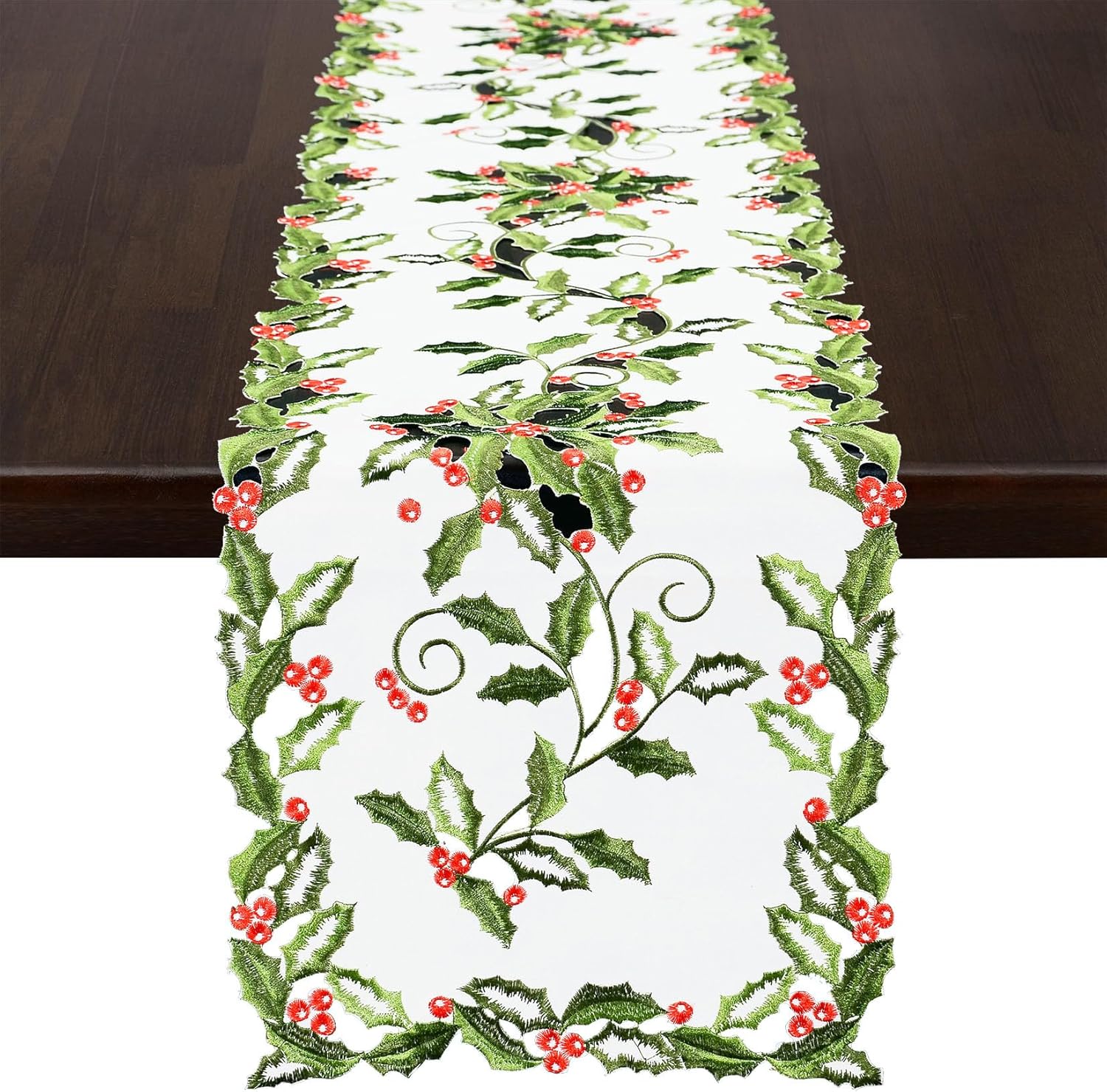Grelucgo Embroidered Holly Leaves and Berries Table Runner for Christmas Holidays (14x70 Inches)