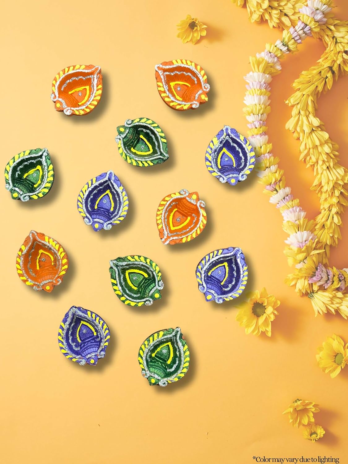 Leaf Shaped Multi-Color Clay Diya *Handmade Decorated Fancy* Pack of 12 Diwali Decor Home Decoration Diwali Lights Indian Oil Lamps - Image 5