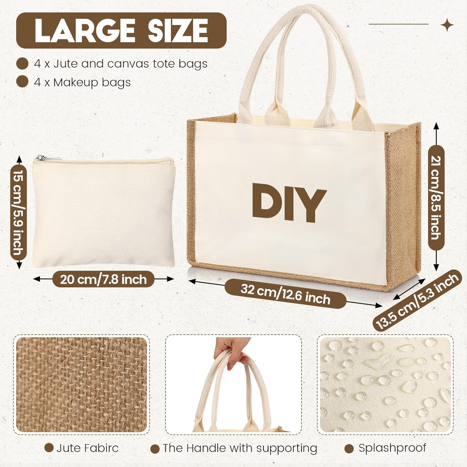 Sweetude 4 Set Jute Burlap Tote Bag with Makeup Bags Include 4 Pcs 12.6 x 8.5 Inch Jute Tote Gift Bags with Handles 4 Pcs Canvas Zipper Pouch Reusable DIY Craft Blank Bags for Wedding Bridesmaid - Image 2