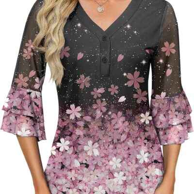 Rapbin Women Dressy Blouse 3/4 Sleeve Tiered Bell Sleeve Double Layers Mesh Shirt Trendy Flowy Tunic