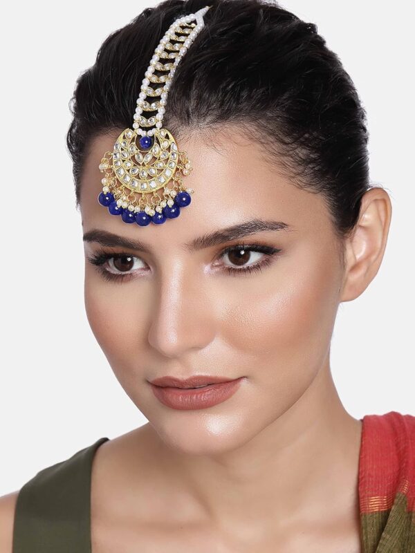 Aheli Faux Kundan Maang Tikka Matha Patti Indian Traditional Bollywood Jewelry Gift for Women Blue - Image 2