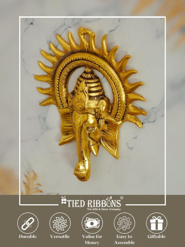 TIED RIBBONS Ganesh Wall Hanging for Home 9 Inch | Brass Ganesh Face with Sun Statue | Indian God Idol | Traditional Wall Décor Antique Ganpati Statue for Home, Entrance, Indian Decorations for Home - Image 7