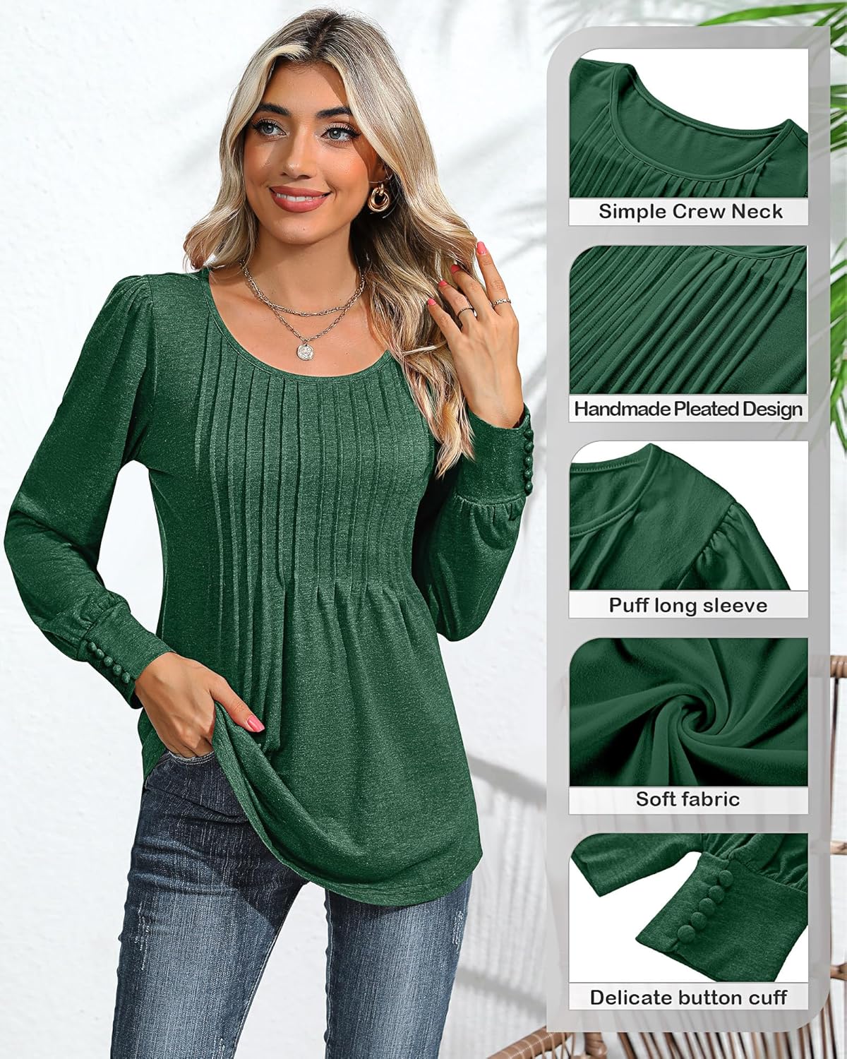 Ficerd Women's Puff Long Sleeve Tunic Tops Pleated Crew Neck Blouses Dressy Casual Loose Fit Winter and Spring Shirts - Image 4