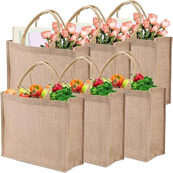 6 Pack Jute Tote Bag Reusable, Burlap Beach Bags with Sturdy Rounded Handles, Sturdy Base Gym Shopping Travel Bag for Women, Mom, Teachers, Friends, Bridesmaids, 15.4''x12.2''x5.9'' - Image 3