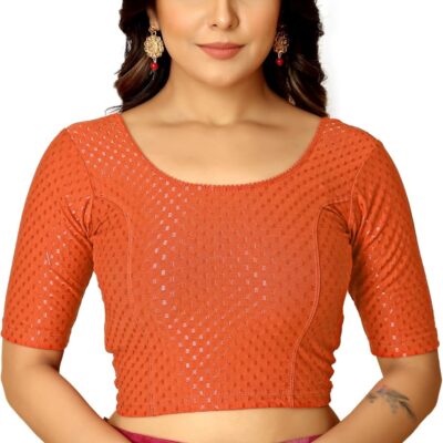 Women's Round Neck Cotton Dobby Lycra Elbow Sleeve Readymade Saree Blouse