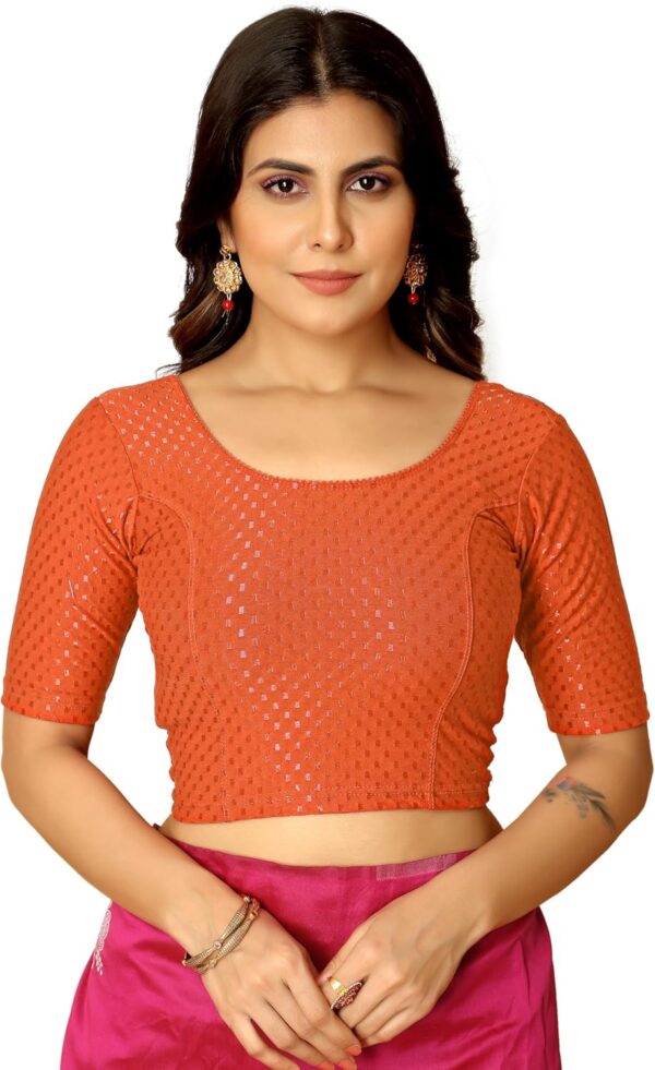 Women's Round Neck Cotton Dobby Lycra Elbow Sleeve Readymade Saree Blouse