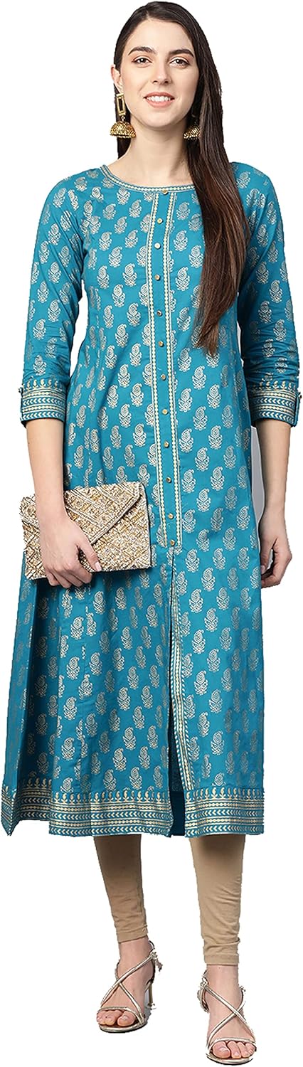 Indian Tunic Cotton Gold Print Anarkali Kurtis for Women (Red)