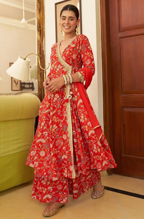 Janasya Indian Women's Violet Cotton Floral Printed Kurta with Palazzo and Dupatta - Image 3