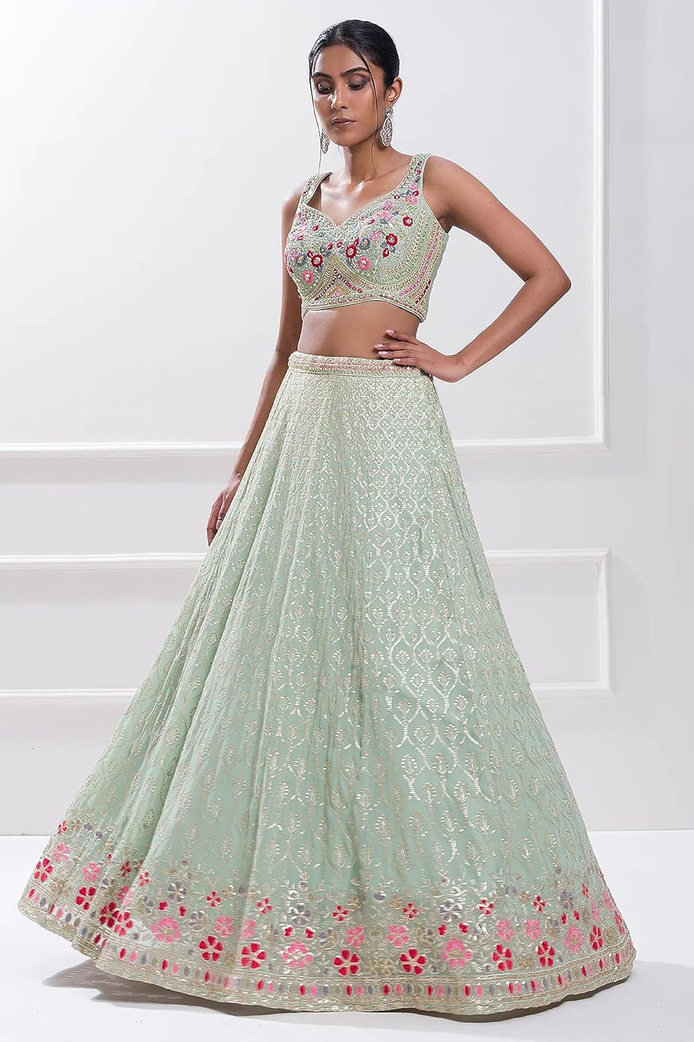 TRENDMALLS Women's LightGreen Georgette Embroidery Sequence Work Lehenga Choli Blouse with Dupatta For Women - Image 3
